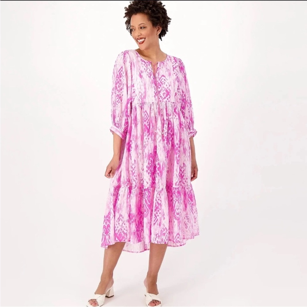 Destination 365 Women Tie Dye Tiered Cotton Midi Dress Small Pink Resort Cruise